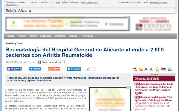 Reumatología del Hospital General de Alicante atiende a 2.000 pacientes con Artritis Reumatoide