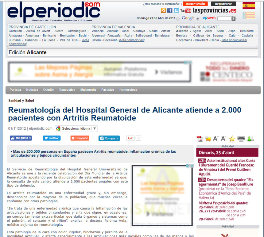 Reumatología del Hospital General de Alicante atiende a 2.000 pacientes con Artritis Reumatoide